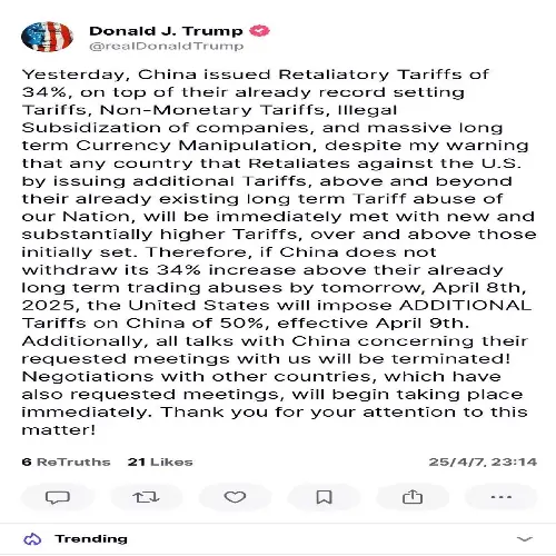 美国总统特朗普对中国政府下最后通牒：明天不取消34%的关税，将再加50%的关税